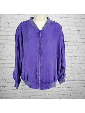 VTG Jessica Roberts Purple 100% Silk Full Zip Lined Windbreaker Bomber Jacket L
